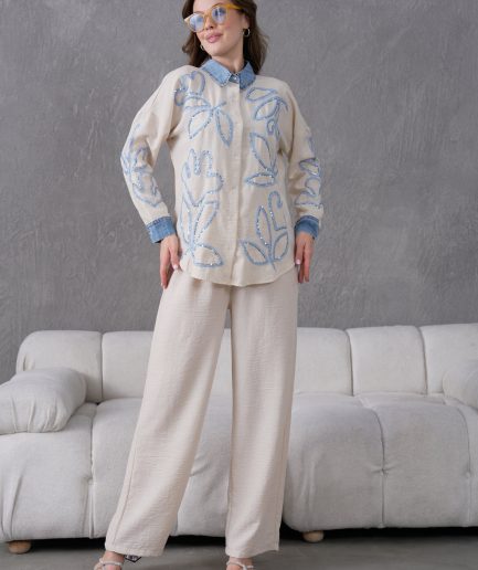 Boncuk Ve Nakış İşlemeli Keten Gömlek Ve Keten Pantolon Takım
