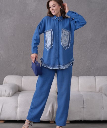 Boncuk Ve Nakış İşlemeli Keten Gömlek Ve Keten Pantolon Takım