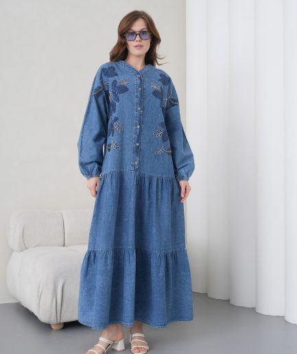 Boncuk Ve Nakış İşlemeli Geniş Kalıp Uzun Kot Elbise