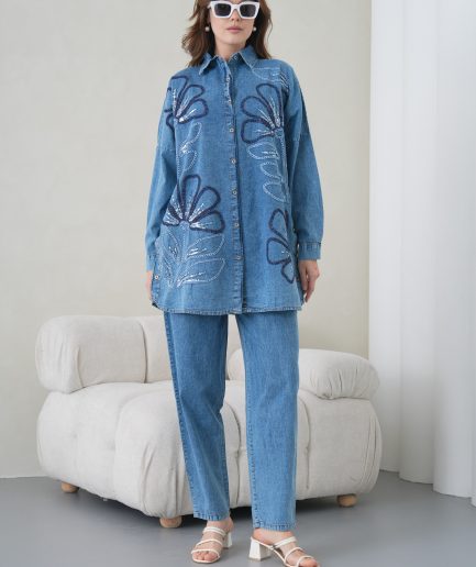 Boncuk Ve Nakış İşlemeli Kot Gömlek Ve Kot Pantolon Takım