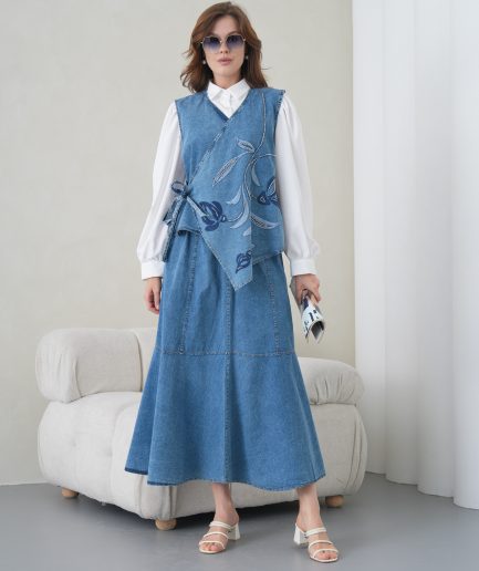 Boncuk Ve Nakış işlemeli Yelek Ve Kot Etek Takım