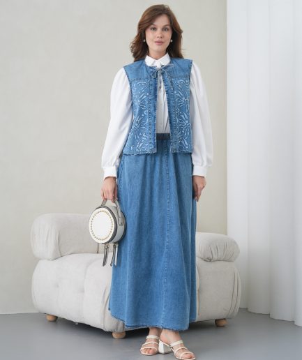 Boncuk Ve Nakış işlemeli Yelek Ve Kot Etek Takım