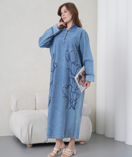 Boncuk Ve Nakış İşlemeli Geniş Kalıp Uzun Kot Elbise