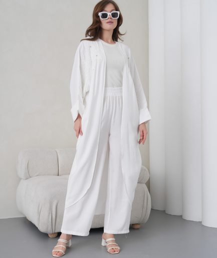 Boncuk İşlemeli Cupra Kimono Hırka Ve Pantolon Takım