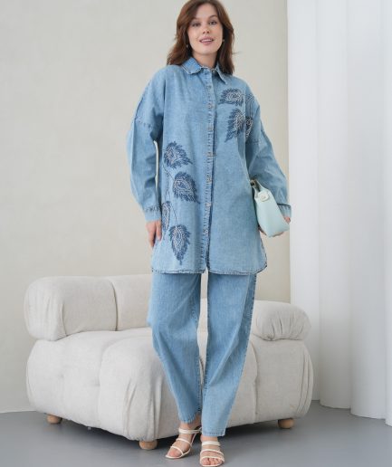 Boncuk Ve Nakış İşlemeli Kot Gömlek Ve Kot Pantolon Takım