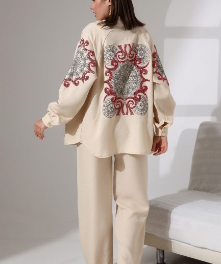 Nakış Ve Pul İşleme Detaylı Keten Kimono Ve Pantolon Takım
