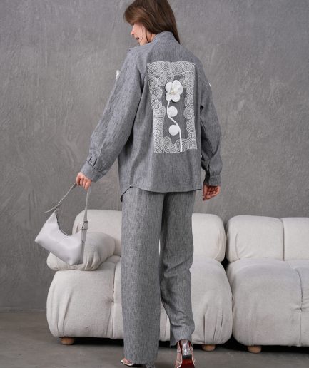 Nakış İşlemeli İnci Ve Çiçek Detaylı Keten Kimono Ve Pantolon Takım