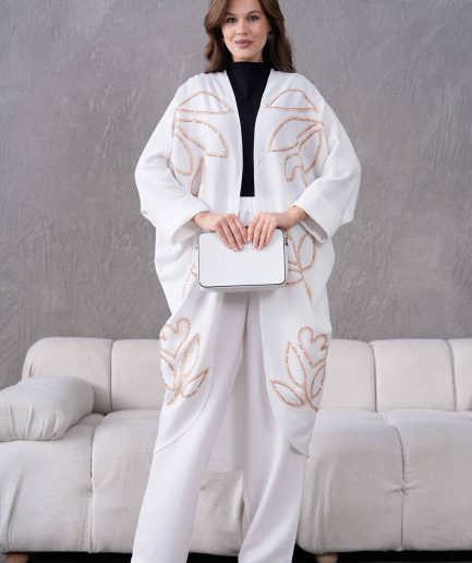 Boncuk İşlemeli Kimono Hırka Ve Pantolon Takım