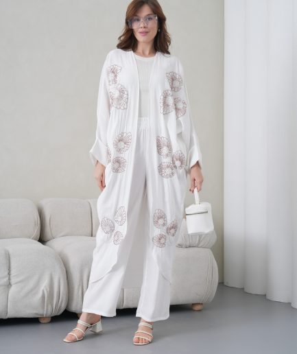 Boncuk İşlemeli Cupra Kimono Hırka Ve Pantolon Takım