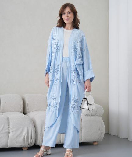 Boncuk İşlemeli Cupra Kimono Hırka Ve Pantolon Takım