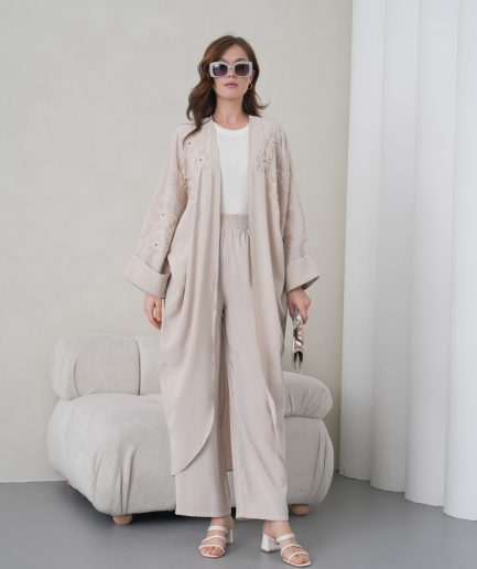 Boncuk İşlemeli Cupra Kimono Hırka Ve Pantolon Takım