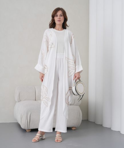 Boncuk İşlemeli Cupra Kimono Hırka Ve Pantolon Takım