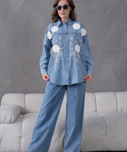 Boncuk Ve Nakış İşlemeli Çiçek Detaylı Kot Gömlek Ve Kot Pantolon Takım
