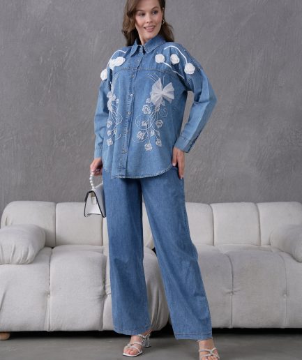 Boncuk Ve Nakış İşlemeli Çiçek Detaylı Kot Gömlek Ve Kot Pantolon Takım
