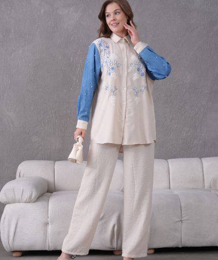 Boncuk Ve Nakış İşlemeli Kolları Kot Keten Gömlek Ve Keten Pantolon Takım