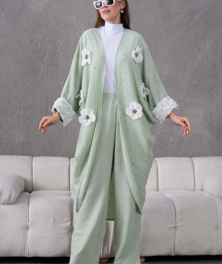 Taş İşlemeli Çiçek ve Gül Detaylı Kimono Hırka Ve Pantolon Takım