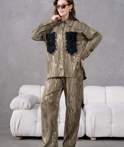 Taş İşlemeli Büyük Cepli Jakar Gömlek Ve Pantolon Takım