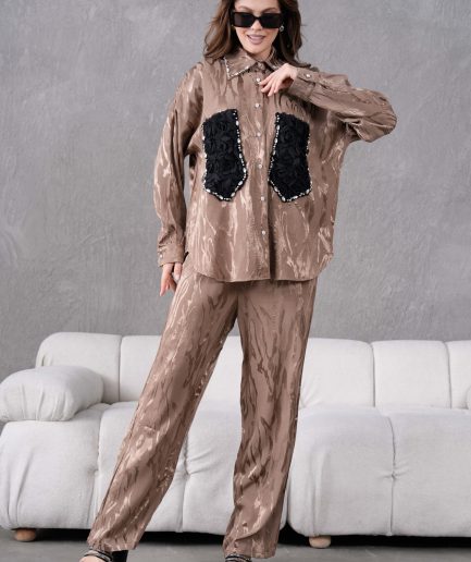 Taş İşlemeli Büyük Cepli Jakar Gömlek Ve Pantolon Takım