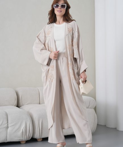Boncuk İşlemeli Cupra Kimono Hırka Ve Pantolon Takım