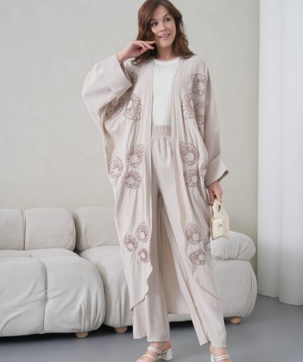 Boncuk İşlemeli Cupra Kimono Hırka Ve Pantolon Takım