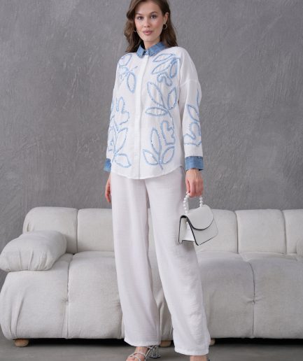 Boncuk Ve Nakış İşlemeli Keten Gömlek Ve Keten Pantolon Takım