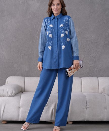 Boncuk Ve Nakış İşlemeli Kolları Kot Keten Gömlek Ve Keten Pantolon Takım