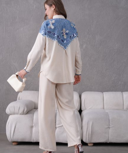Boncuk Ve Nakış İşlemeli Keten Gömlek Ve Keten Pantolon Takım