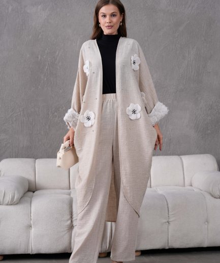 Taş İşlemeli Çiçek ve Gül Detaylı Kimono Hırka Ve Pantolon Takım