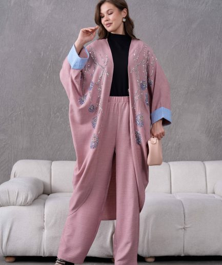 Boncuk İşlemeli Kimono Hırka Ve Pantolon Takım