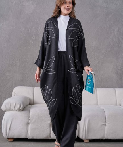 Boncuk İşlemeli Kimono Hırka Ve Pantolon Takım