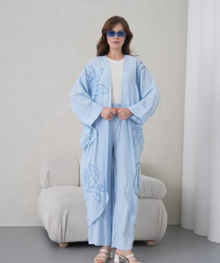 Boncuk İşlemeli Cupra Kimono Hırka Ve Pantolon Takım