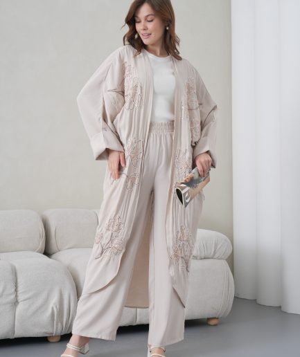 Boncuk İşlemeli Cupra Kimono Hırka Ve Pantolon Takım
