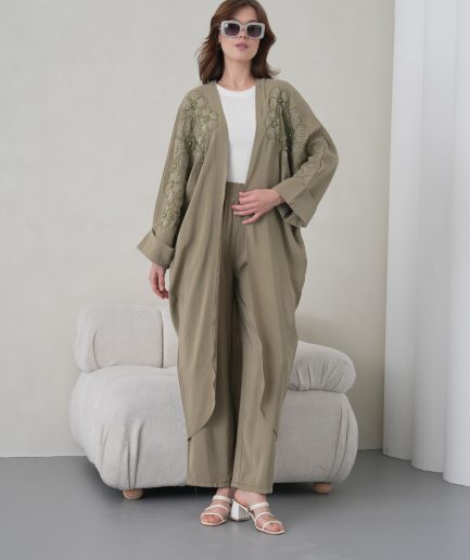 Boncuk İşlemeli Cupra Kimono Hırka Ve Pantolon Takım