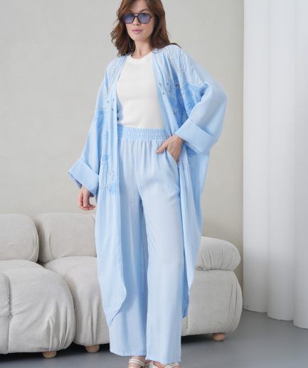 Boncuk İşlemeli Cupra Kimono Hırka Ve Pantolon Takım