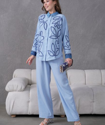 Boncuk Ve Nakış İşlemeli Keten Gömlek Ve Keten Pantolon Takım