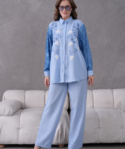 Boncuk Ve Nakış İşlemeli Kolları Kot Keten Gömlek Ve Keten Pantolon Takım