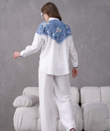 Boncuk Ve Nakış İşlemeli Keten Gömlek Ve Keten Pantolon Takım