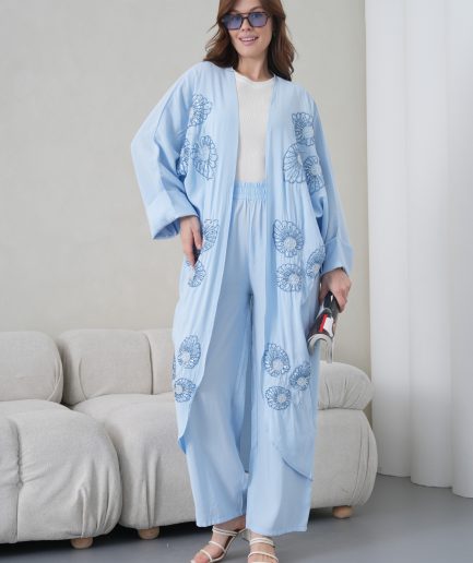 Boncuk İşlemeli Cupra Kimono Hırka Ve Pantolon Takım