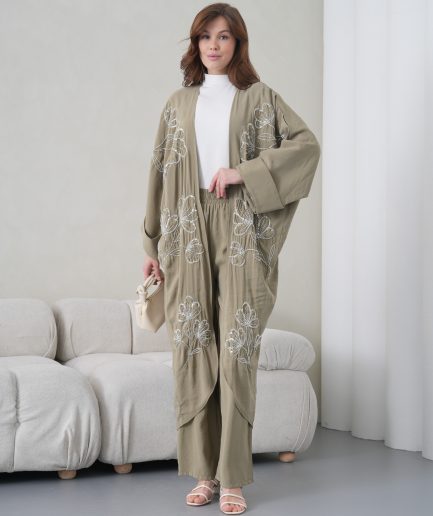 Boncuk İşlemeli Cupra Kimono Hırka Ve Pantolon Takım