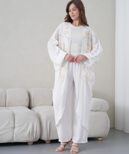 Boncuk İşlemeli Cupra Kimono Hırka Ve Pantolon Takım