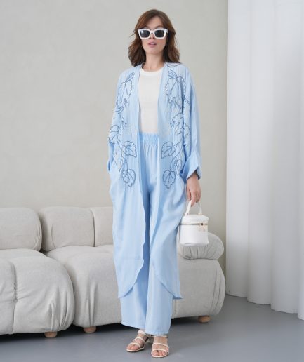 Boncuk İşlemeli Cupra Kimono Hırka Ve Pantolon Takım