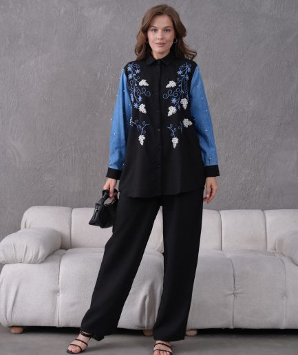 Boncuk Ve Nakış İşlemeli Kolları Kot Keten Gömlek Ve Keten Pantolon Takım