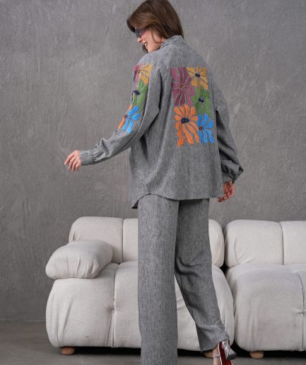 Nakış İşlemeli İnci Detaylı Keten Kimono Ve Pantolon Takım