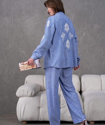 Nakış İşlemeli İnci Detaylı Keten Kimono Ve Pantolon Takım