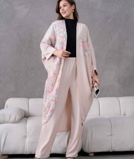 Tül Çiçek Ve Taş İşlemeli Kimono Hırka Ve Pantolon Takım