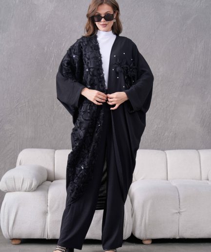 Tül Çiçek Ve Taş İşlemeli Kimono Hırka Ve Pantolon Takım