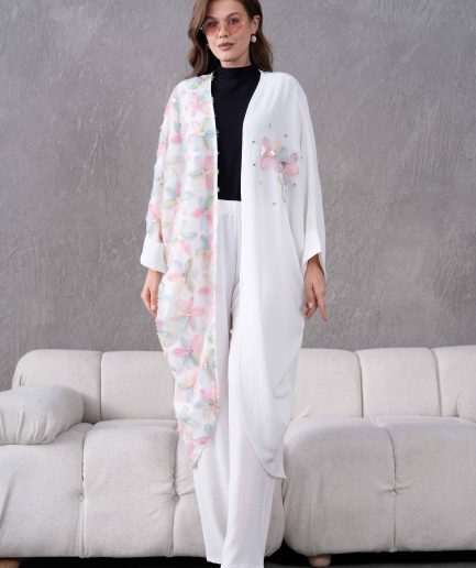 Tül Çiçek Ve Taş İşlemeli Kimono Hırka Ve Pantolon Takım