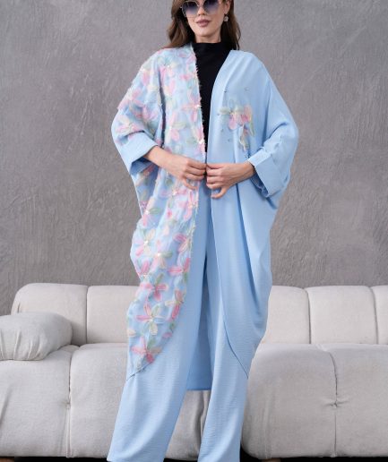 Tül Çiçek Ve Taş İşlemeli Kimono Hırka Ve Pantolon Takım