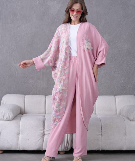 Tül Çiçek Ve Taş İşlemeli Kimono Hırka Ve Pantolon Takım